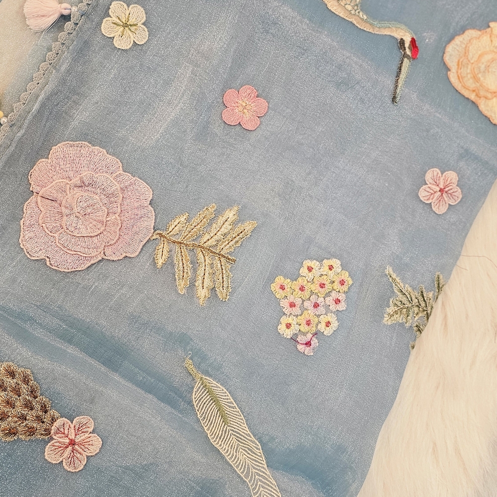 Embroidered Blue Organza Saree with Floral Appliques